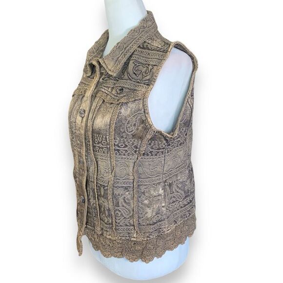 Vintage Flashback Vest Metallic Brown Floral Detail Lace Embroidered High Neck - Picture 4 of 12